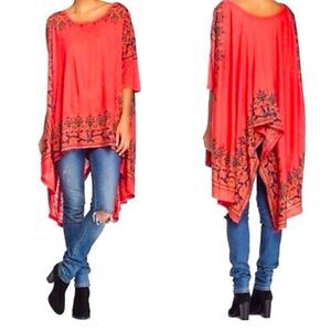 Free People Oversize Split Back Tunic Red Black Pimento Floral Small